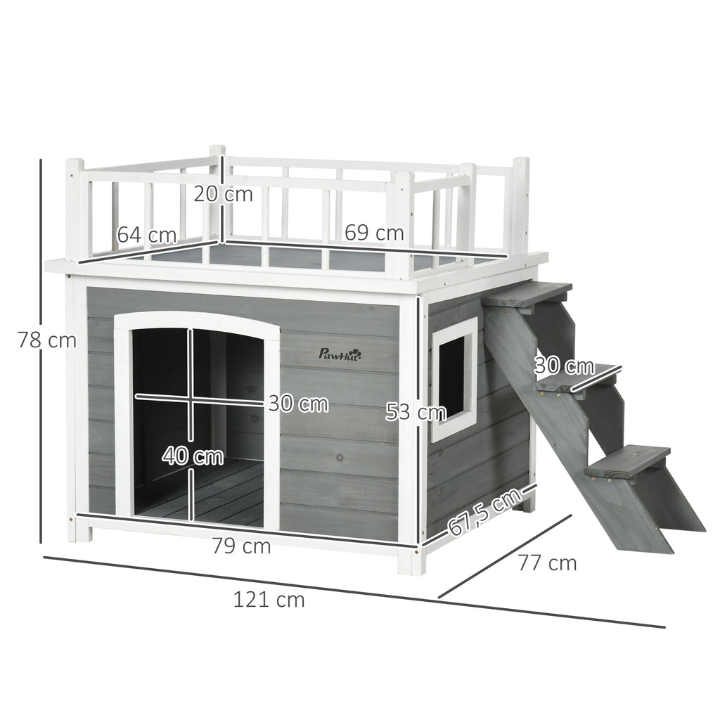 Hundehütte, Dachterrasse, Treppe, Fenster, Bodenabstand, Naturholz, hellgrau, 121 x 77 x 78cm