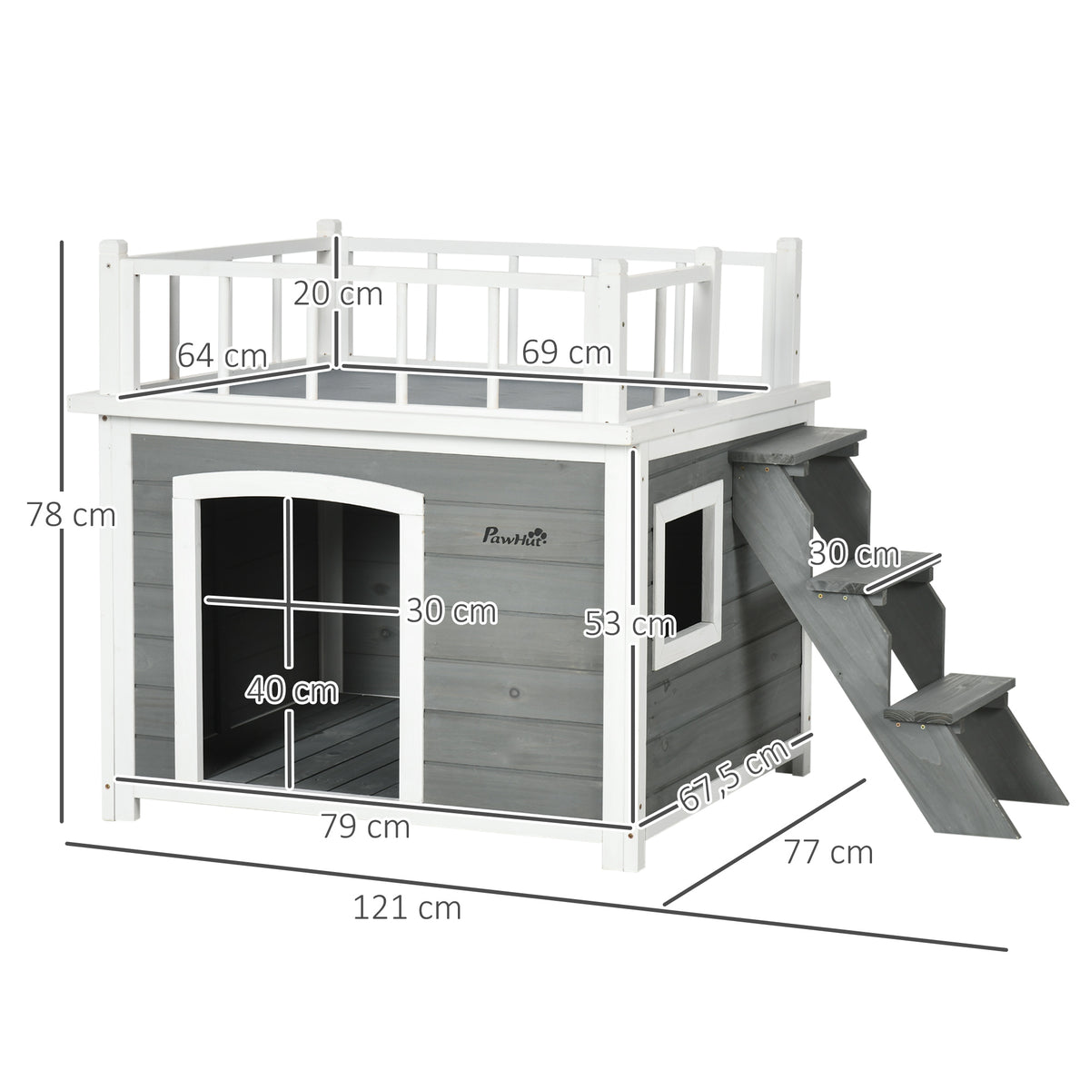 Hundehütte, Dachterrasse, Treppe, Fenster, Bodenabstand, Naturholz, hellgrau, 121 x 77 x 78cm