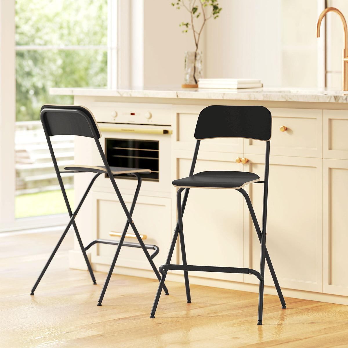2er-Set Barhocker, klappbare Barstühle mit Stahlrahmen, für Küche, Esszimmer, Schwarz