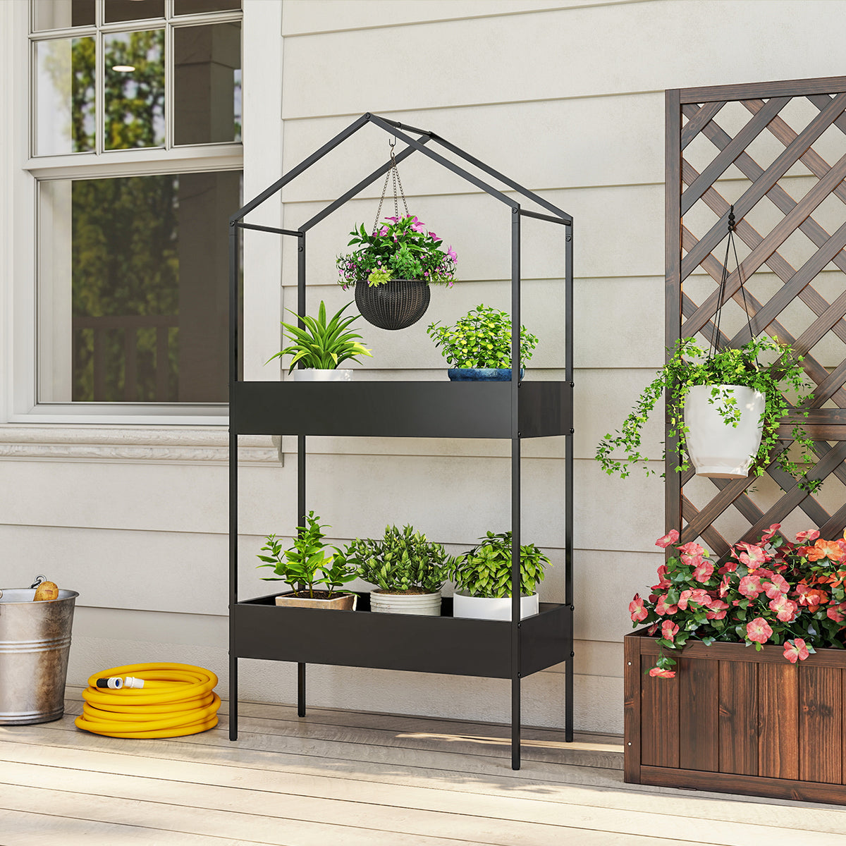 2 Tier Plant Stand, Outdoor Indoor Metal Plant Stand with Hook, House-Shaped Pots Holder Display Rack, Black