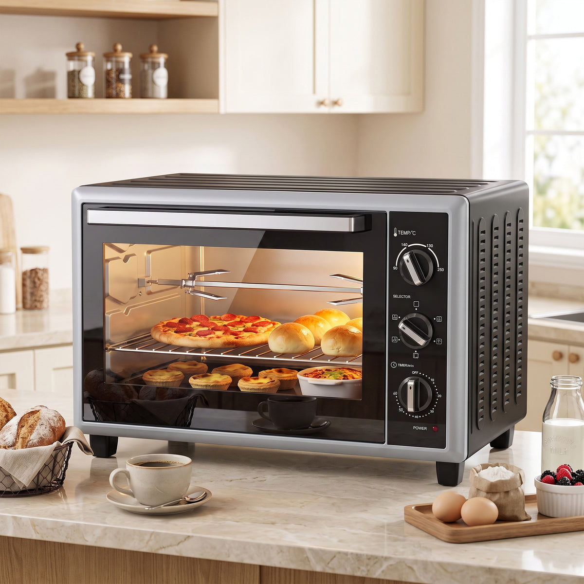 46 L Mini-Backofen mit Drehspieß, Umluft, Temperaturregelung und Timer, 1800 W, Schwarz