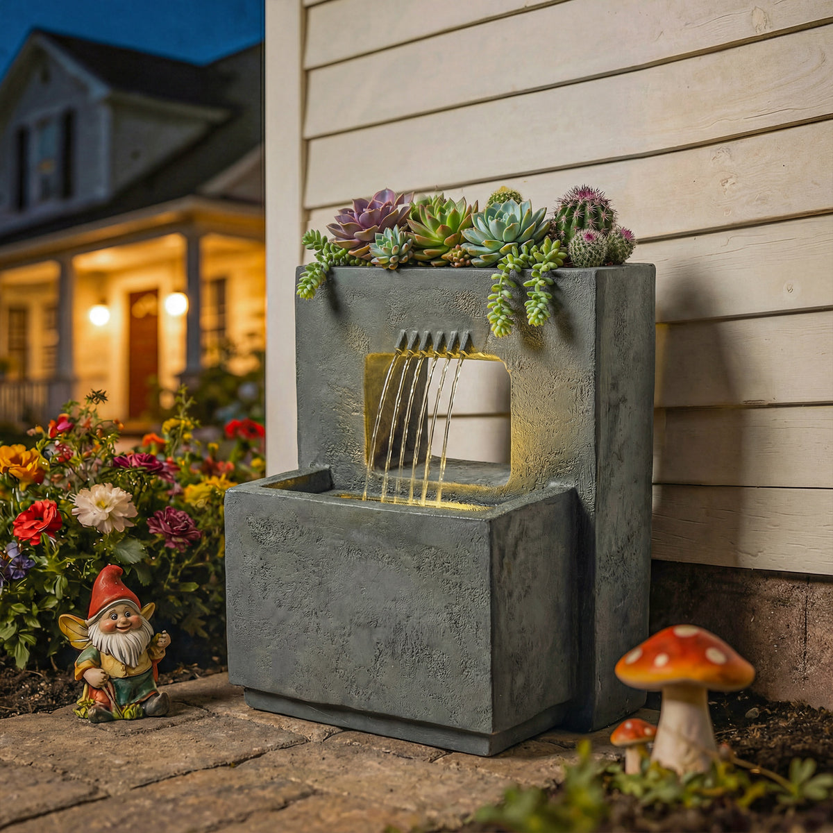 Springbrunnen 2-stufig Gartenbrunnen mit LED Beleuchtung Pflanzkübel Pumpe Steinoptik, Verstellbar 45 x 31,5 x 58,5 cm