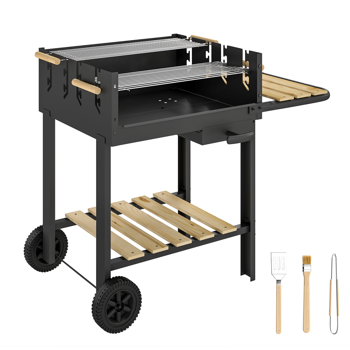 Holzkohlegrill Grillwagen mit 4-fach höhenverstellbarer Grillrost 2 Holzablage 2 Räder Aschebehälter 99,5 x 58 x 82 cm