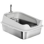 XL Stainless Steel Cat Litter Box with High Sides, Metal Scoop, 60 x 40 x 30 cm