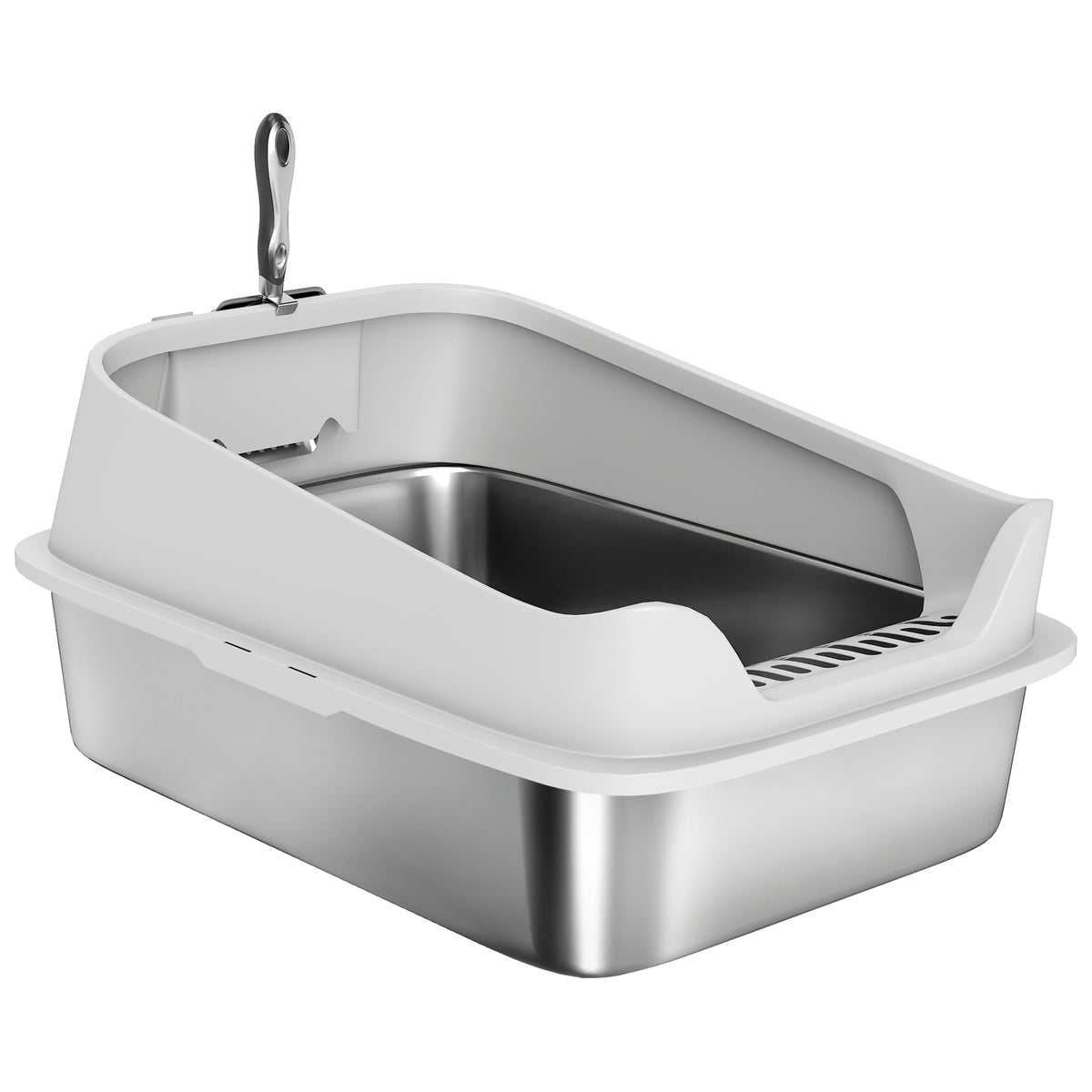 XL Stainless Steel Cat Litter Box with High Sides, Metal Scoop, 60 x 40 x 30 cm
