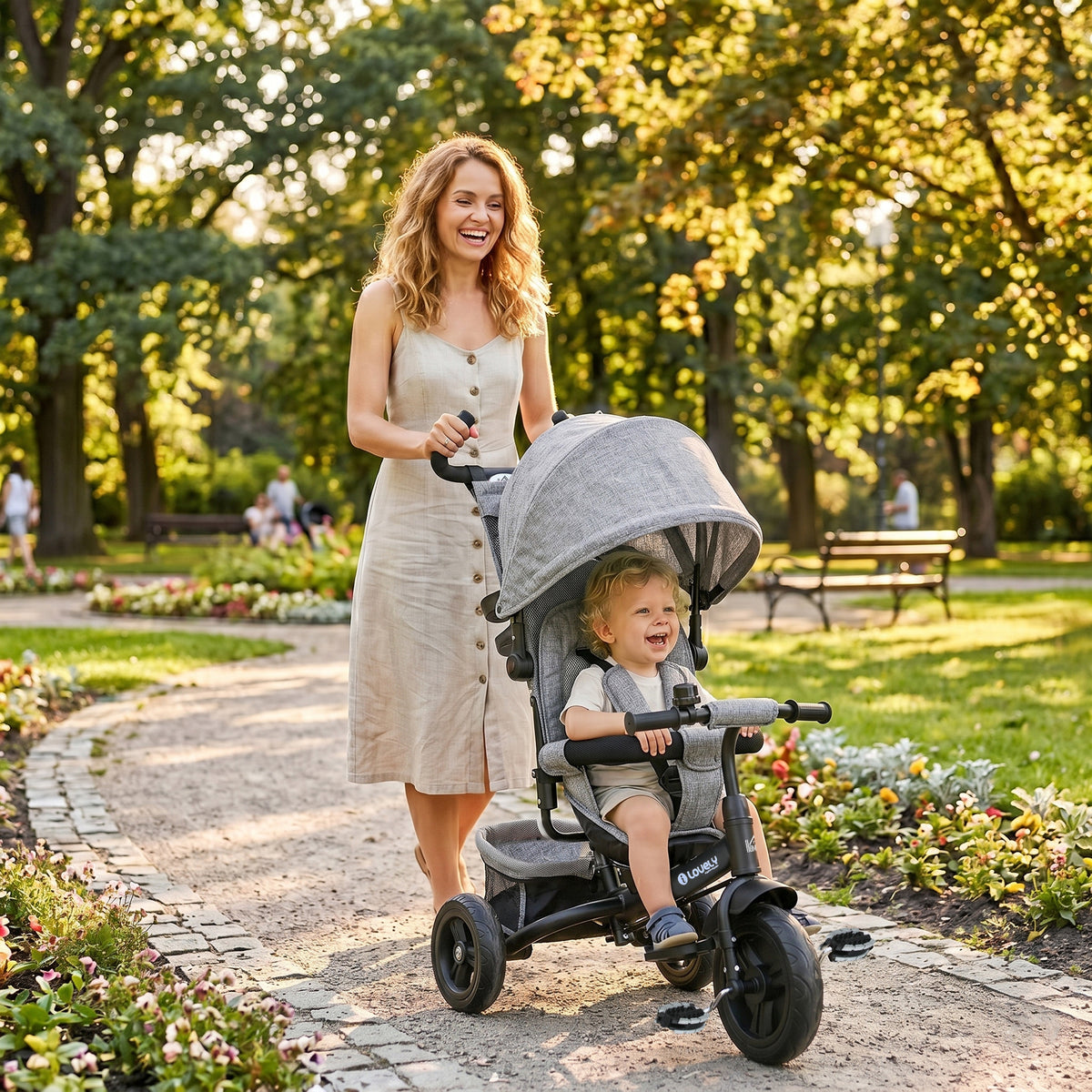 6 in 1 Kids Trike with Parent Handle, Canopy, 5-point Seat Belt, Storage, Footrest, Brake, for 1-5 Years, Grey