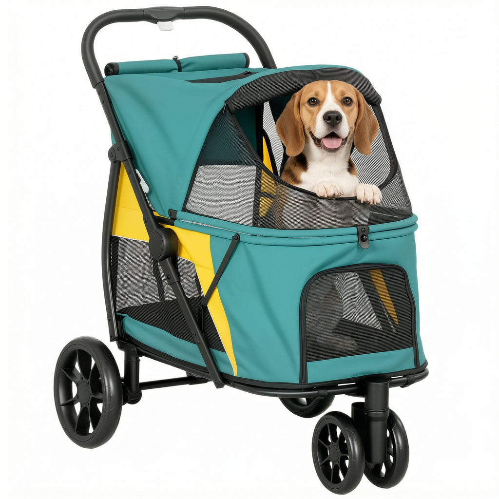 Hundewagen Faltbar Hundebuggy bis 20kg mit Kissen, Netzfenstern, Rückentasche, 92 x 63 x 95 cm Dunkelgrün