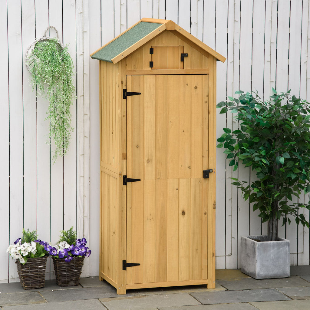  Garden Shed Vertical Utility 3 Shelves Shed Wood Outdoor Garden Tool Storage Unit Storage Cabinet, 77 x 54.2 x 179cm - Brown