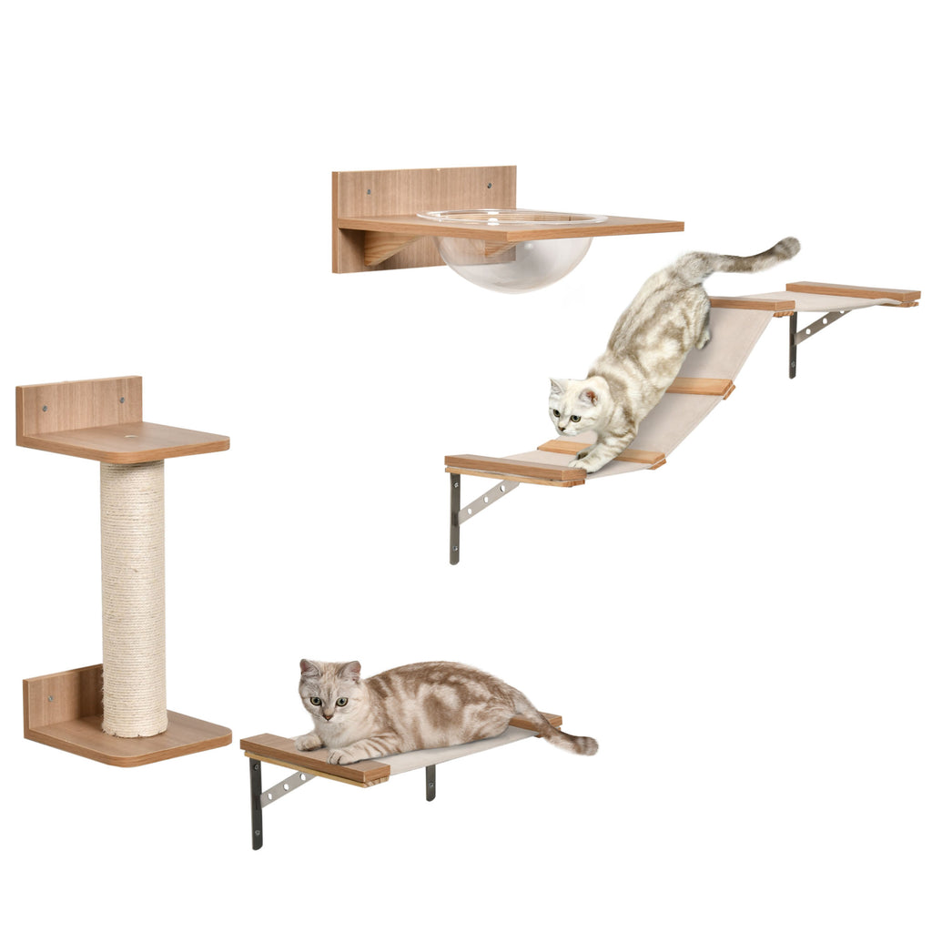 4PCs Wall-mounted Cats Climbing Shelf Set Cat Tree Kitten Perch Activity Center with Hammock Scratching Post Jumping Platform Brown