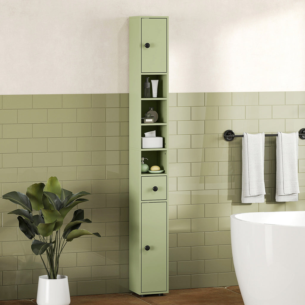 Badezimmerschrank schmal mit Schublade und 4 offenen Fächern für kleine Räume 20 x 20 x 180 cm Grün