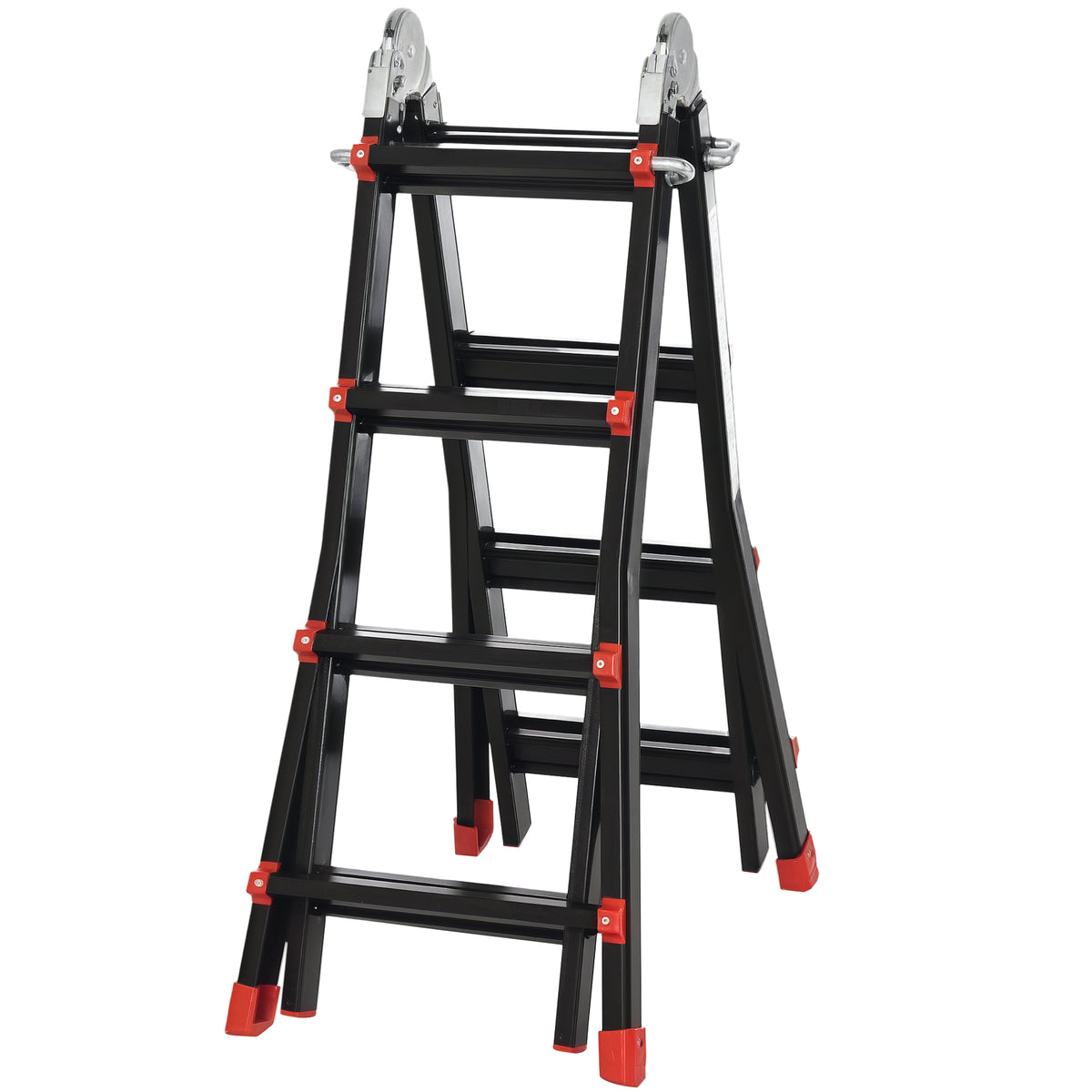 Teleskopleiter, rutschfeste Stufen, bis 150 kg belastbar, Aluminium, Schwarz+Rot