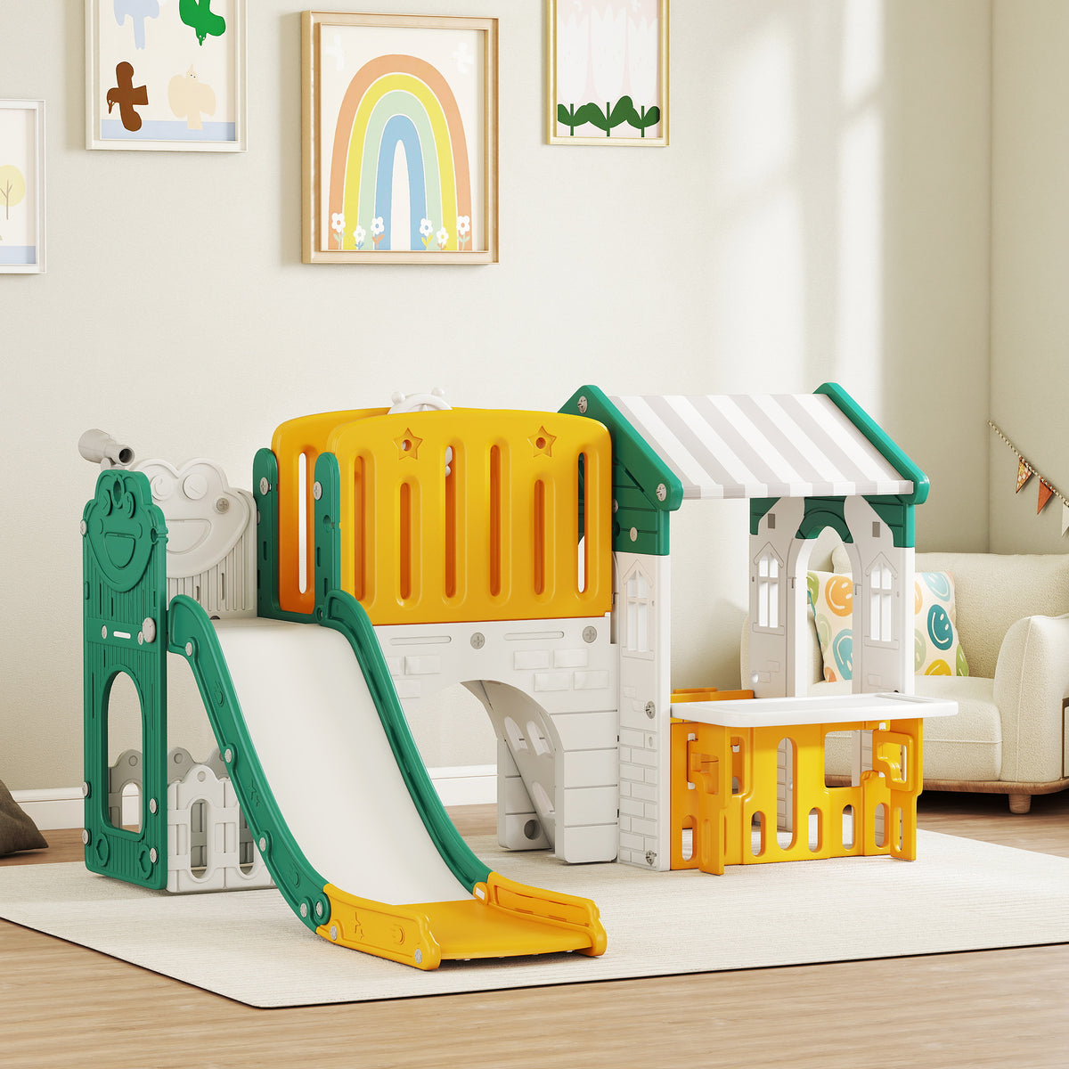 7-in-1 Kinderrutsche, Indoor-Spielplatz, Kletterger¨¹st, Haus, Tafel, Basketballkorb, 1-4 Jahre, Kunststoff, Gelb+Gr¨¹n