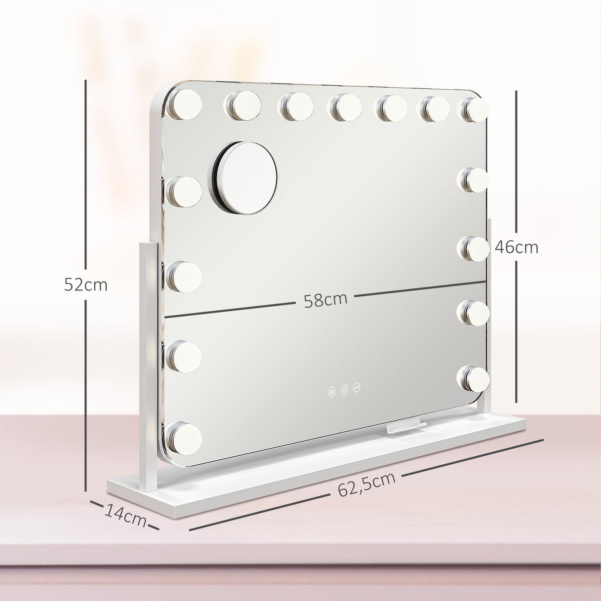 LED-Kosmetikspiegel, 3 Lichtmodi, dimmbar, Touchsteuerung, USB, 62,5 x 49,5cm, Weiß