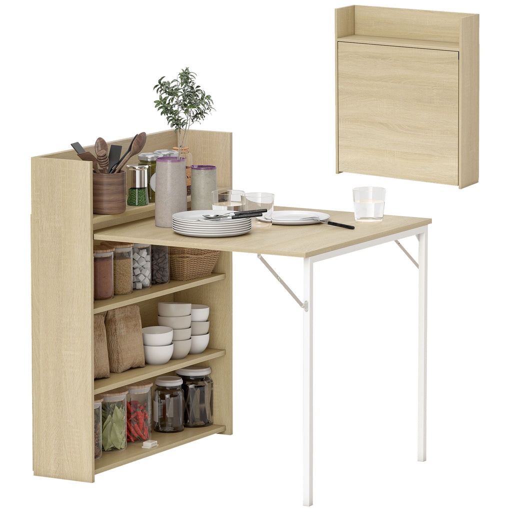 Kitchen Table, Folding Dining Table, with 4-Tier Shelves, Modern Drop-Leaf Table, Oak Wood Effect