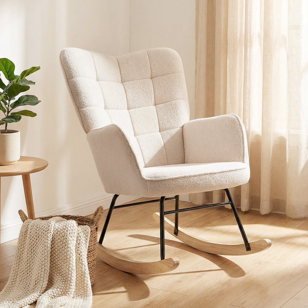 Schaukelstuhl im Retro-Design, Massivholz, Sessel, Relaxsessel, 98 cm x 71 cm x 101 cm, Beige