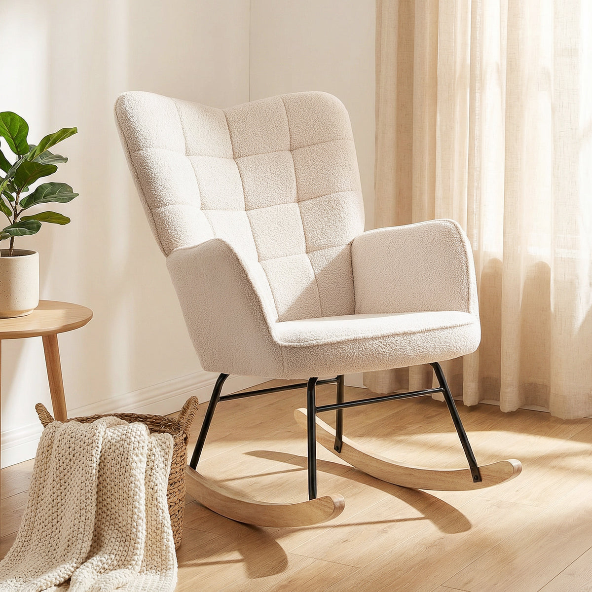 Schaukelstuhl im Retro-Design, Massivholz, Sessel, Relaxsessel, 98 cm x 71 cm x 101 cm, Beige