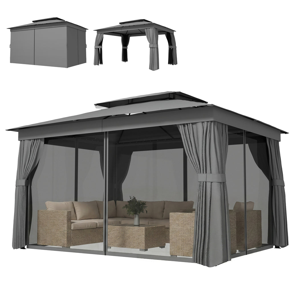 Pavillon 3,8x3m Wasserabweisend Stabil Winterfest Gartenpavillon mit Doppeldach Vorhänge Moskitonetz Haken Dunkelgrau