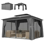 Pavillon 3,8x3m Wasserabweisend Stabil Winterfest Gartenpavillon mit Doppeldach Vorhänge Moskitonetz Haken Dunkelgrau