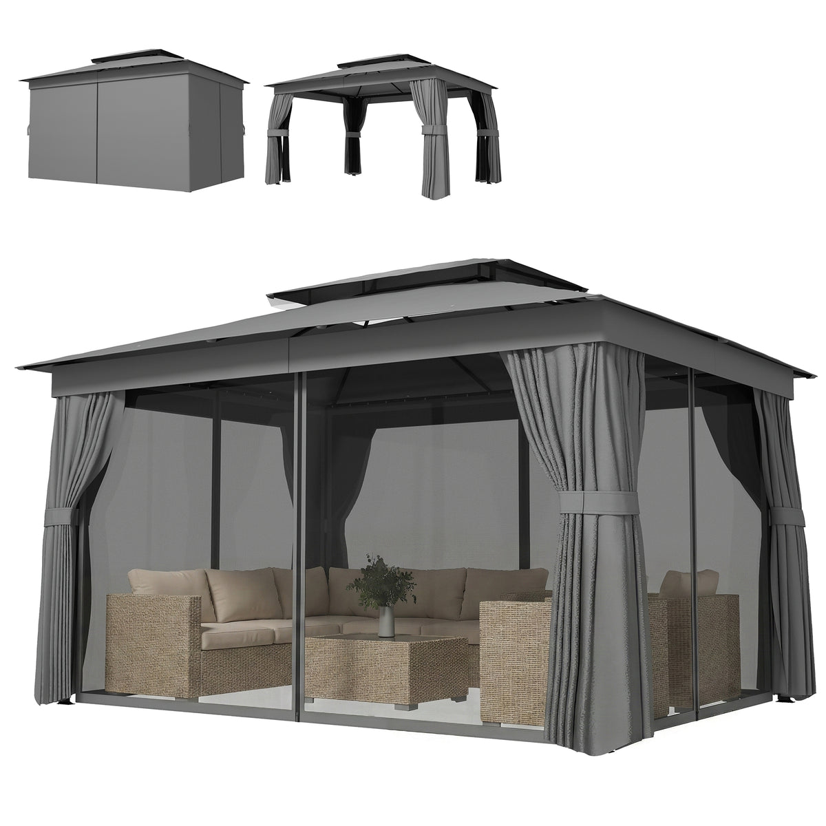Pavillon 3,8x3m Wasserabweisend Stabil Winterfest Gartenpavillon mit Doppeldach Vorhänge Moskitonetz Haken Dunkelgrau