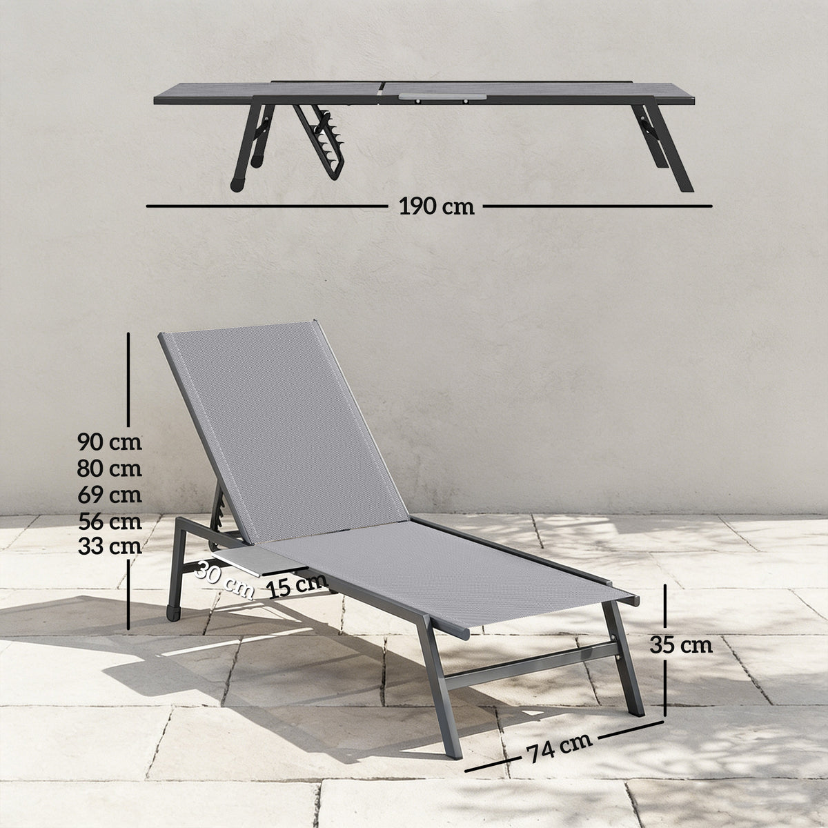 Sun Loungers Set of 2 with Side Tray Table, Garden Recliners with 5-Position Adjustable Backrest, 2 Wheels, Grey
