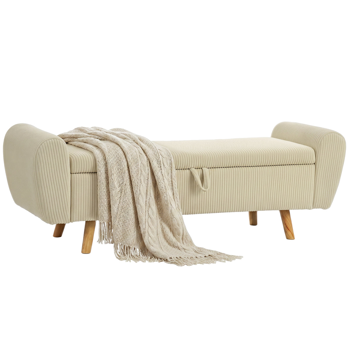 Sitzbank mit Stauraum, Polsterbank mit Cord-Optik, Holzfüßen und Gerollten Armlehnen, Beige