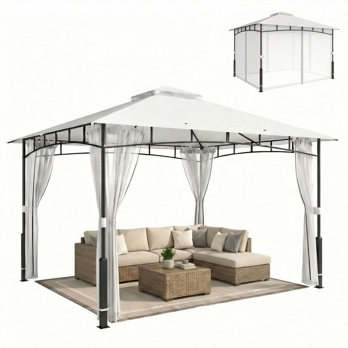 Pavillon, 3x3,6 m wasserabweisend Stabil Gartenpavillon mit Moskitonetz, Doppeldach, für Garten, Terrasse, Schwarz