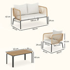 Gartenmöbel Set Sitzgruppe für 4 Personen Gartenlounge mit 2er Sofa 2 Sessel Lamell-Tisch Seilflecht waschbar Sitzkissen