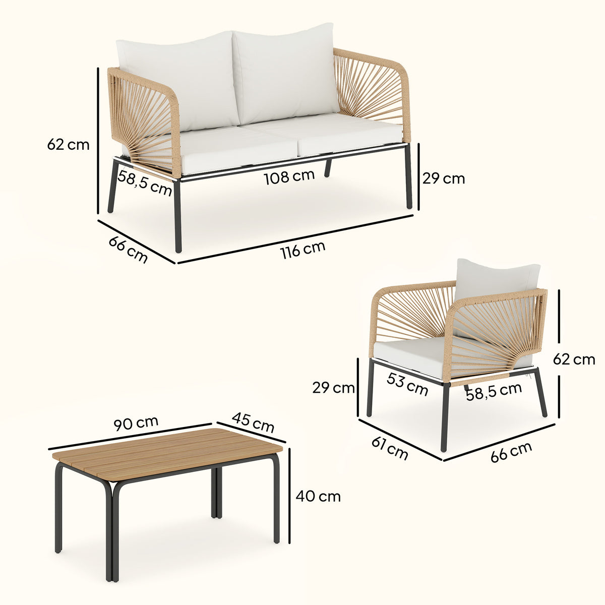 Gartenmöbel Set Sitzgruppe für 4 Personen Gartenlounge mit 2er Sofa 2 Sessel Lamell-Tisch Seilflecht waschbar Sitzkissen