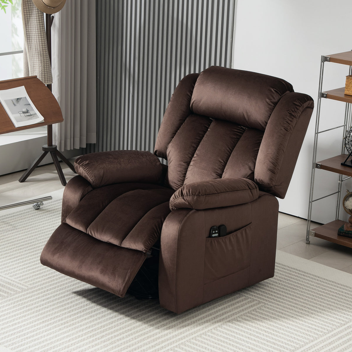 Aufstehsessel mit Massagefunktion und Lendenheizung, Recliner-Sessel mit Fernbedienungen und Seitentaschen, Braun