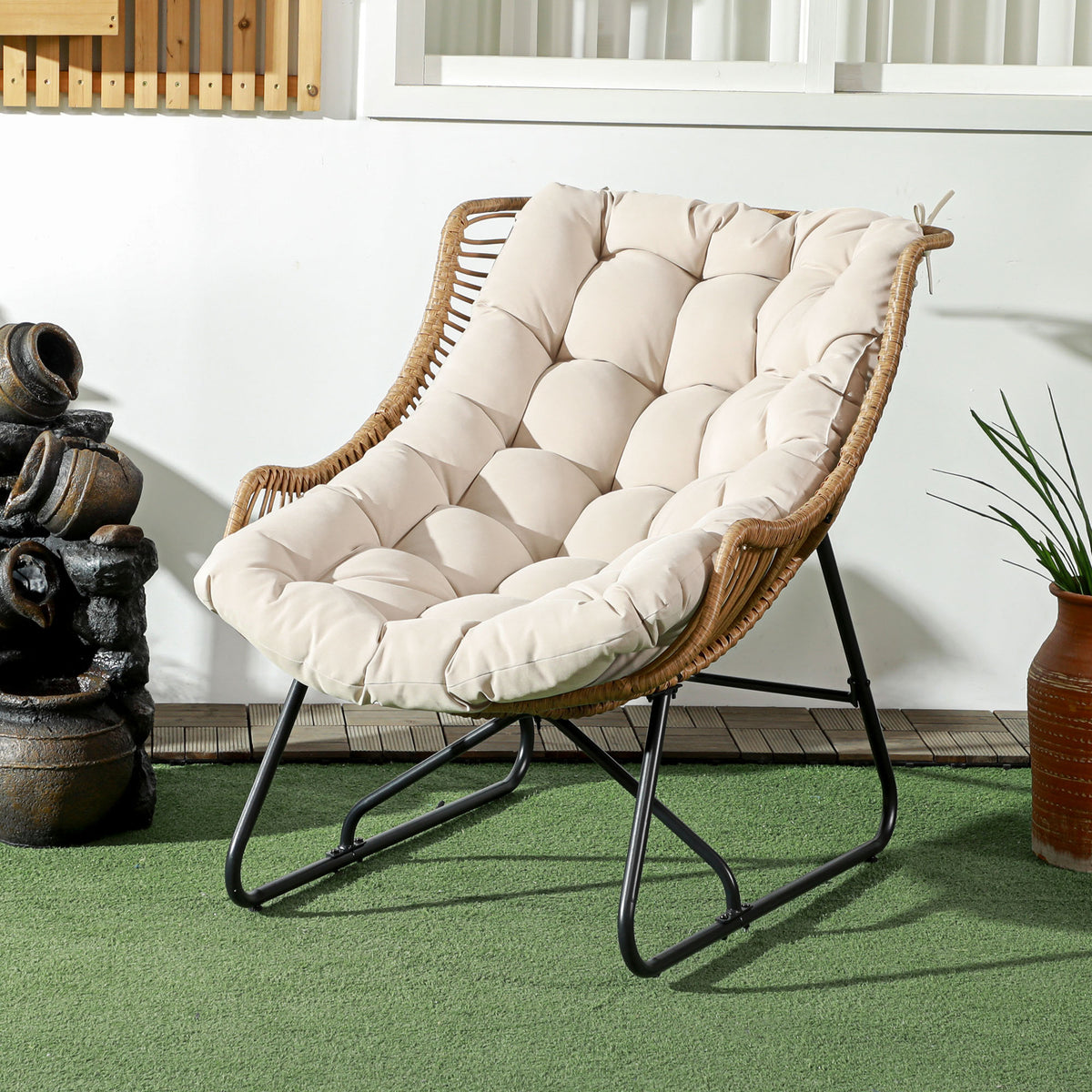 Garten Lounge, Rattanoptik, Outdoor Sessel, mit Auflage, Metallrahmen, 75x101x90 cm, Natur/Khaki/Schwarz
