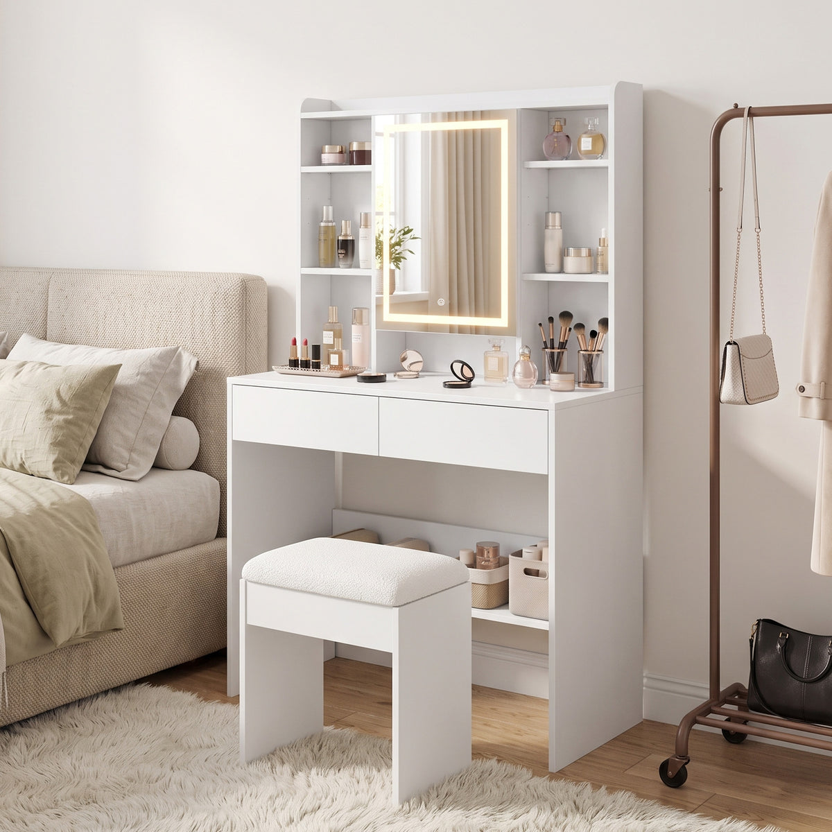 Schminktisch mit Spiegelschrank, LED-Beleuchtung, 2 Schubladen, Weiß