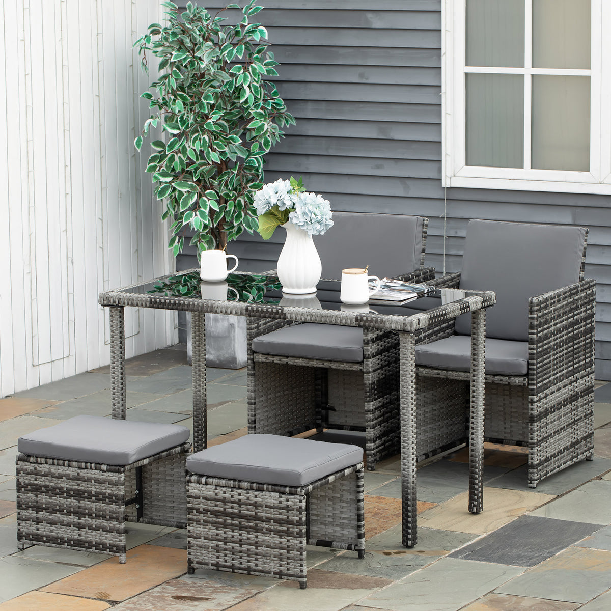 Polyrattan Sitzgruppe für 4 Personen Essgruppe Gartenset Garnitur mit Kissen, Grau