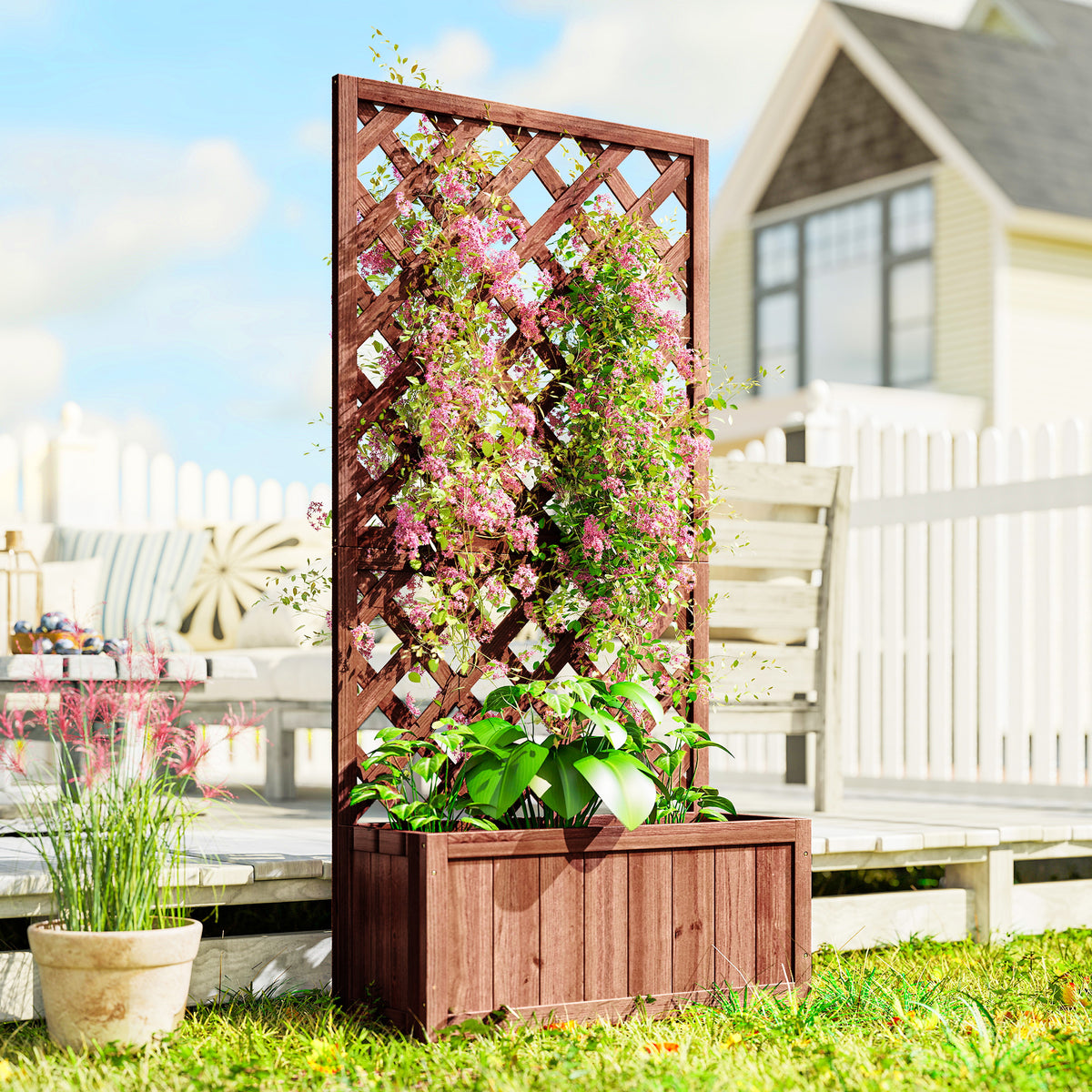 Hochbeet Pflanzenkasten mit Rankgitter, Spalier Pflanzkübel, Blumenkasten Holz, 72,5x31,5x149,5cm für Garten Balkon Terasse, Blumenkübel für Kletterpflanzen, Blumen, Orange