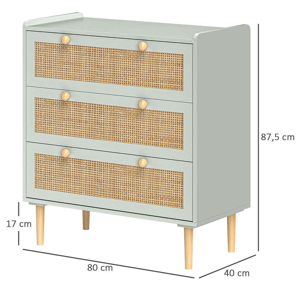 Schlafzimmer-Kommode mit 3 Schubladen, Rattan-Fronten, Kleiderkommode f¨¹r Flur, Eingangsbereich, MDF, Gr¨¹n