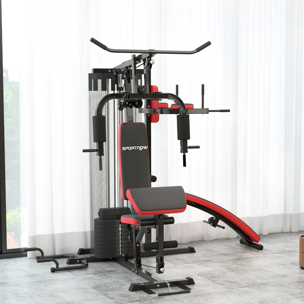 Multi Gym Workout Station, Weight Machine with 65kg Weight Stack, Sit Up Bench, Push Up Stand, Dip Station