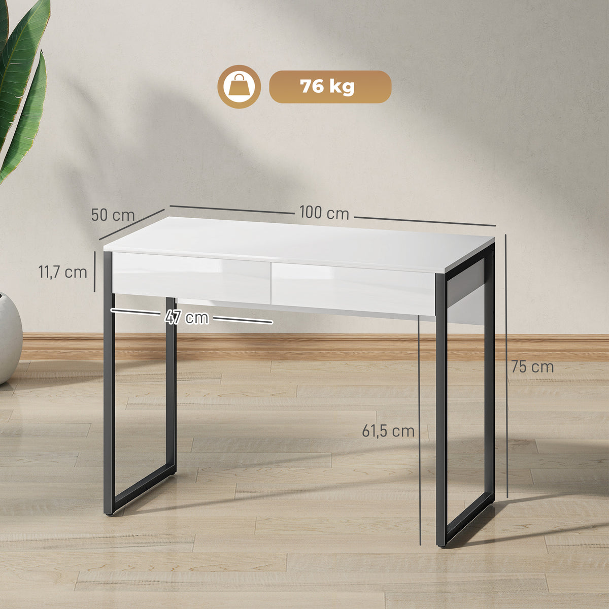 High Gloss Work Table, with Drawers - White
