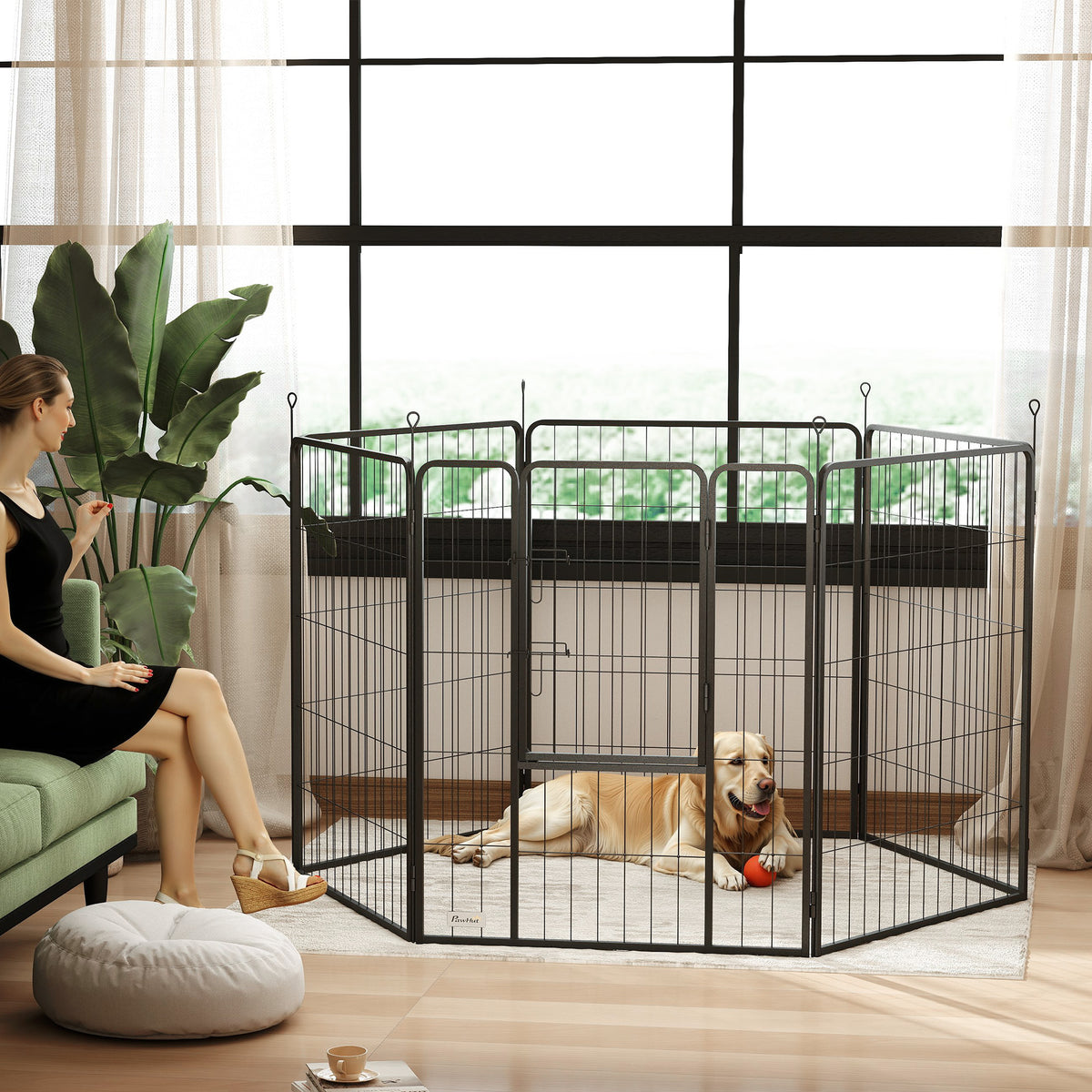 6 Panels Dog Playpen, Portable Detachable Puppy Pen with Door, for Large Dogs, 100cm High, Black