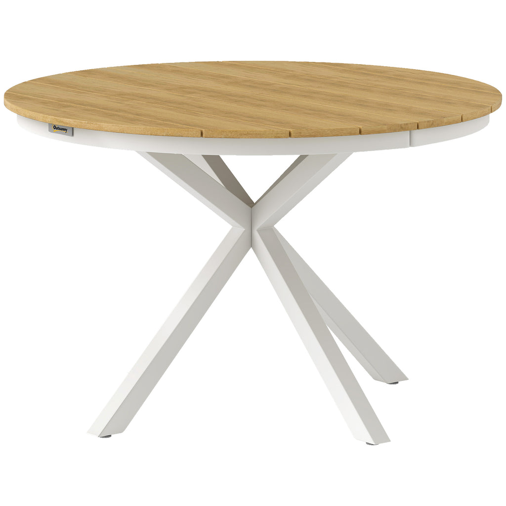 Gartentisch Ø118cm, Wetterfest Balkontisch aus Aluminium, Beistelltisch mit Kreuzbeine Lattendesign Teak