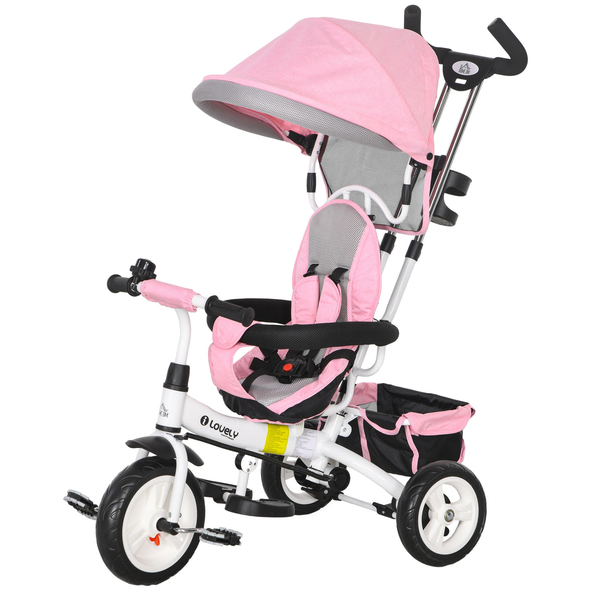 6 in 1 Kids Trike Push Bike w/ Push Handle, Canopy, 5-point Seat Belt, Storage, Footrest, Brake, for 1-5 Years, Pink