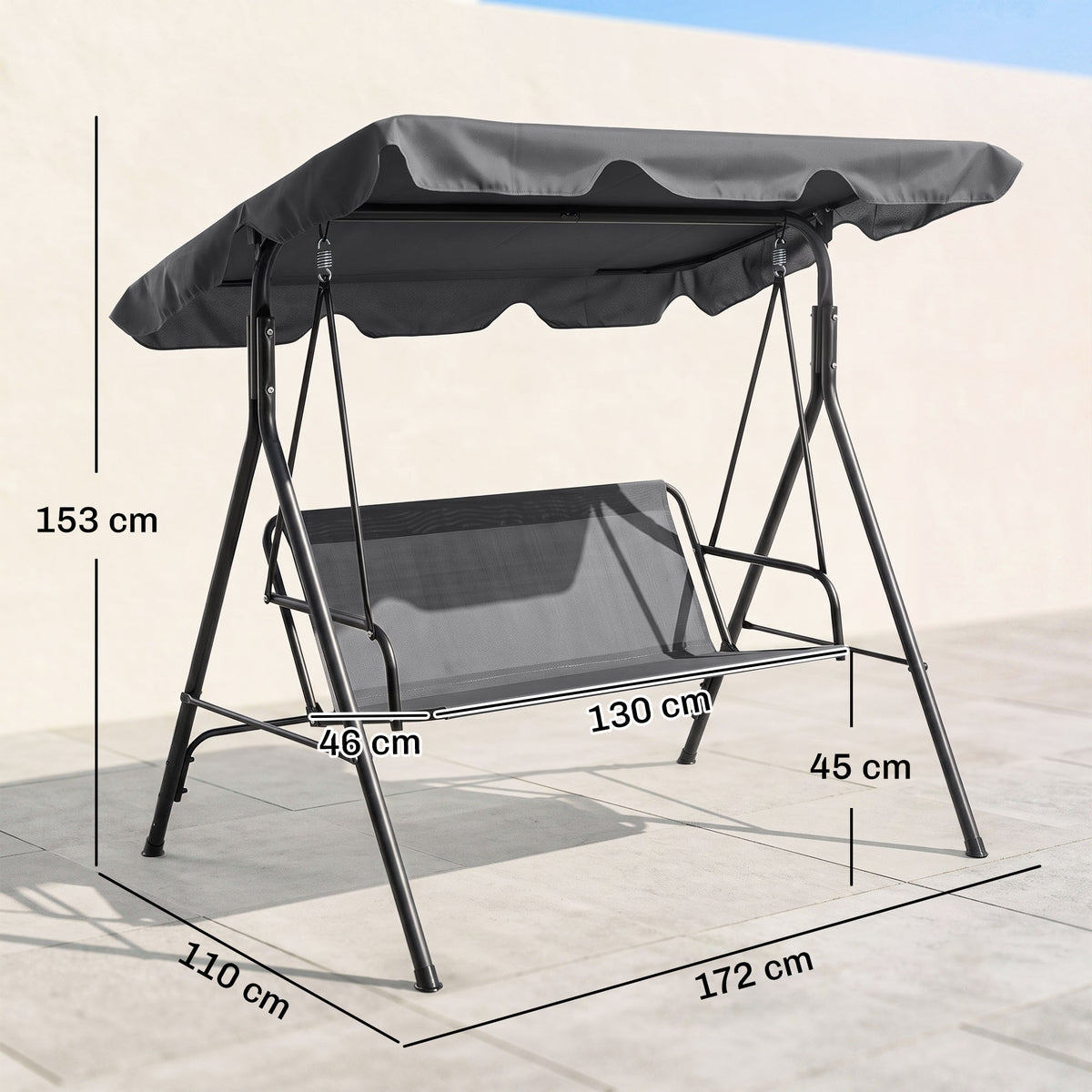 Three-Seater Garden Swing Chair, with Adjustable Canopy - Grey