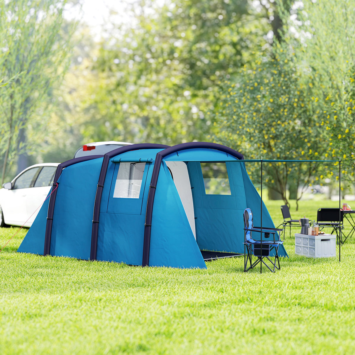 Aufblasbares Campingzelt 3-6 Personen Outdoor Tunnelzelt mit Seitenfenstern Tür Luftträger 4,4 x 2,8 x 1,95 m Blau