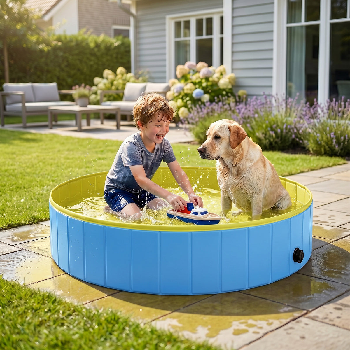 Foldable Dog Pool for Puppies and Ducks Dog Paddling Pool Bath Tub, Blue, 160 x 30cm