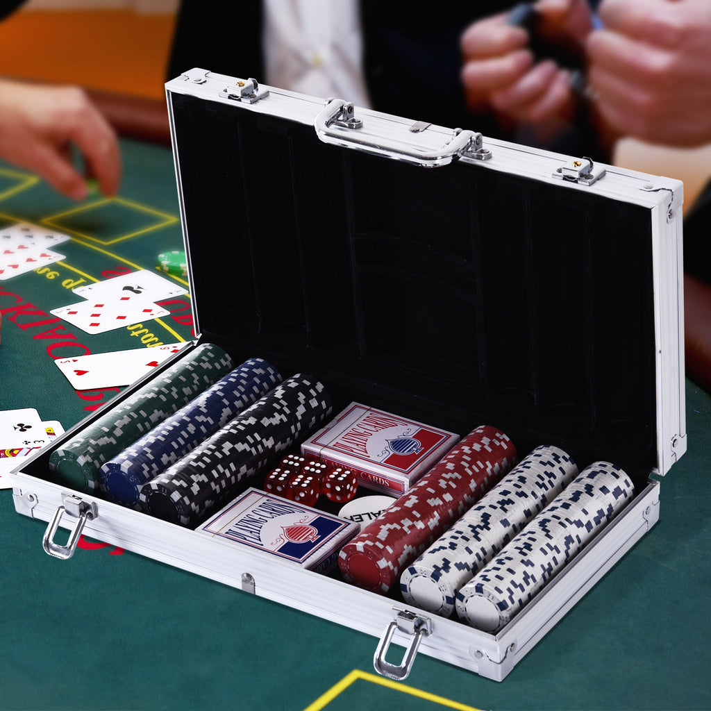 Poker Chips Set 300 PCs Casino Game Striped Dice 2 Decks of Cards Silver Aluminium Case