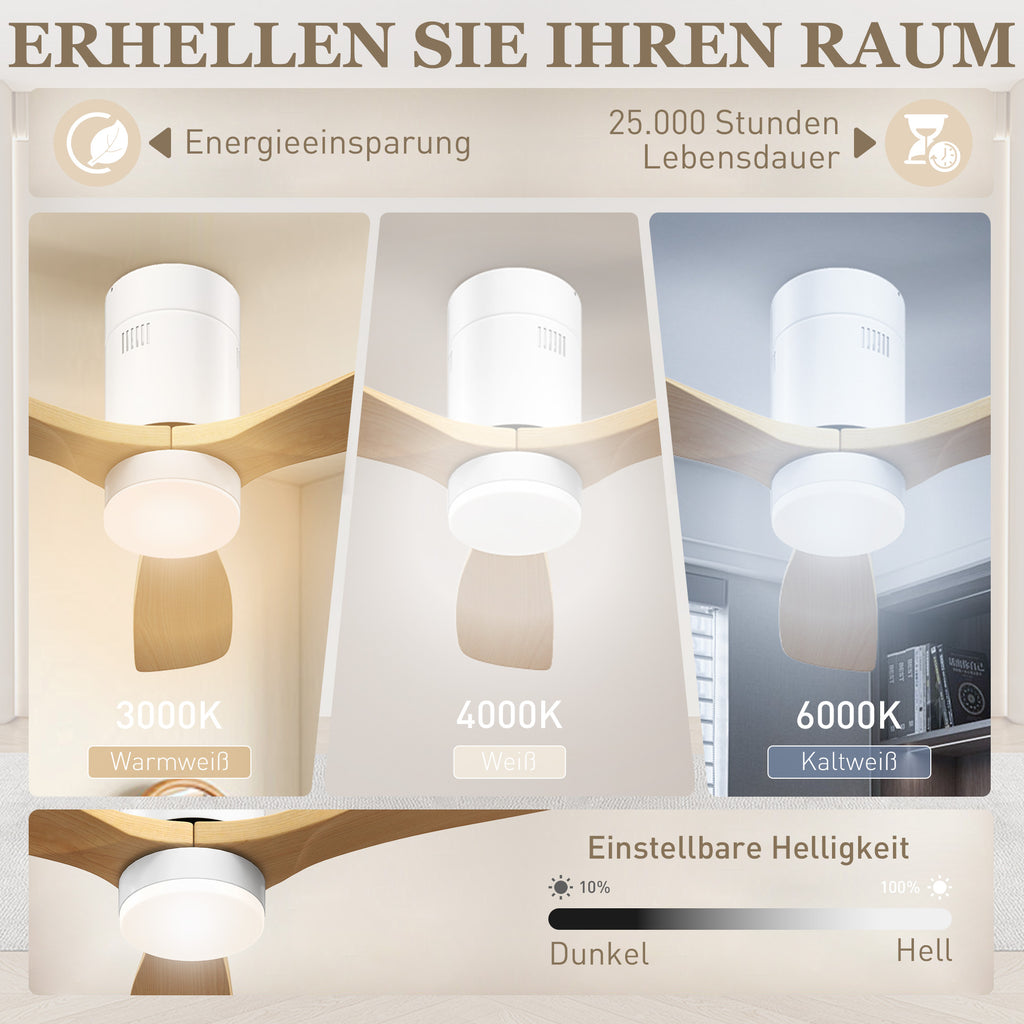 Deckenventilator mit LED-Licht, 6 Geschwindigkeiten, Fernbedienung, Hellbraun