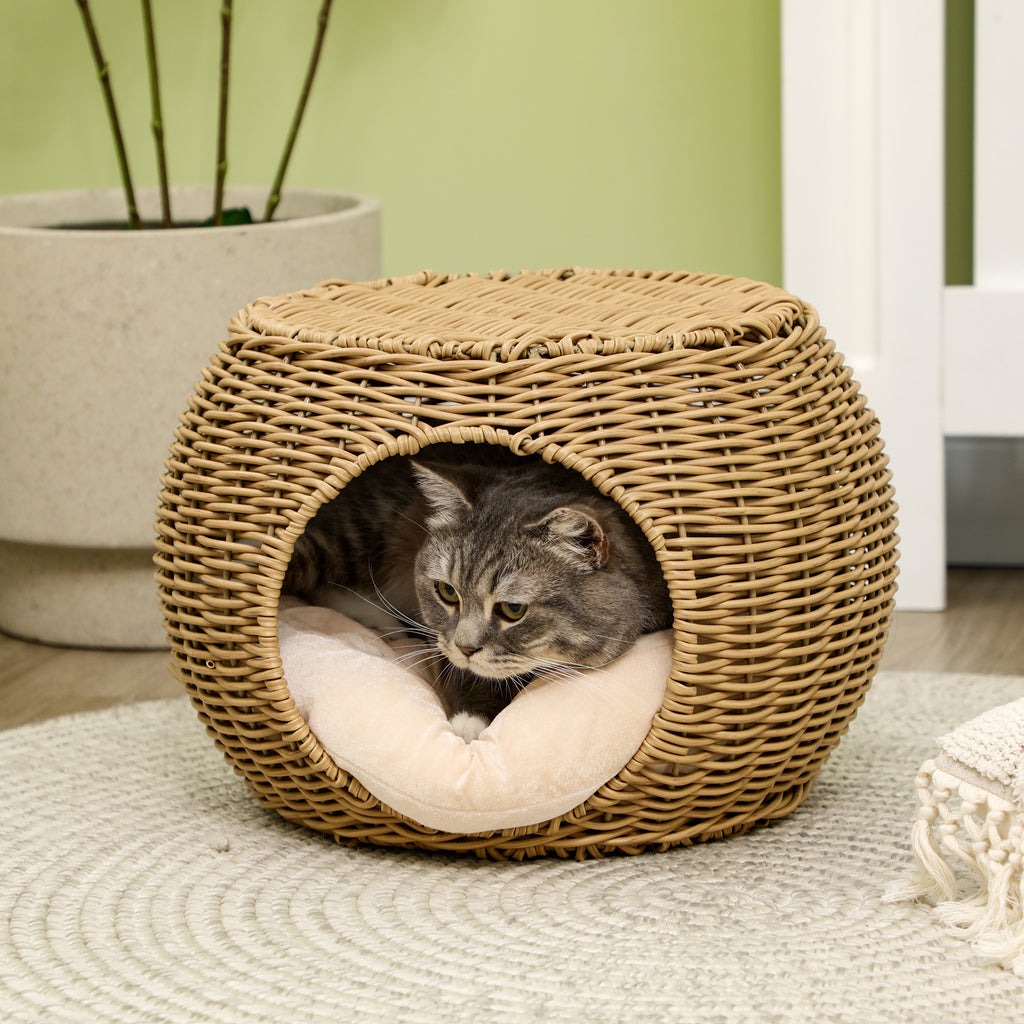 Katzenkorb Rattan zweistöckig Katzenbett Katzenkörbchen mit Kissen Vordertür für Katze unter 3,5 kg Ø40 x 30 cm