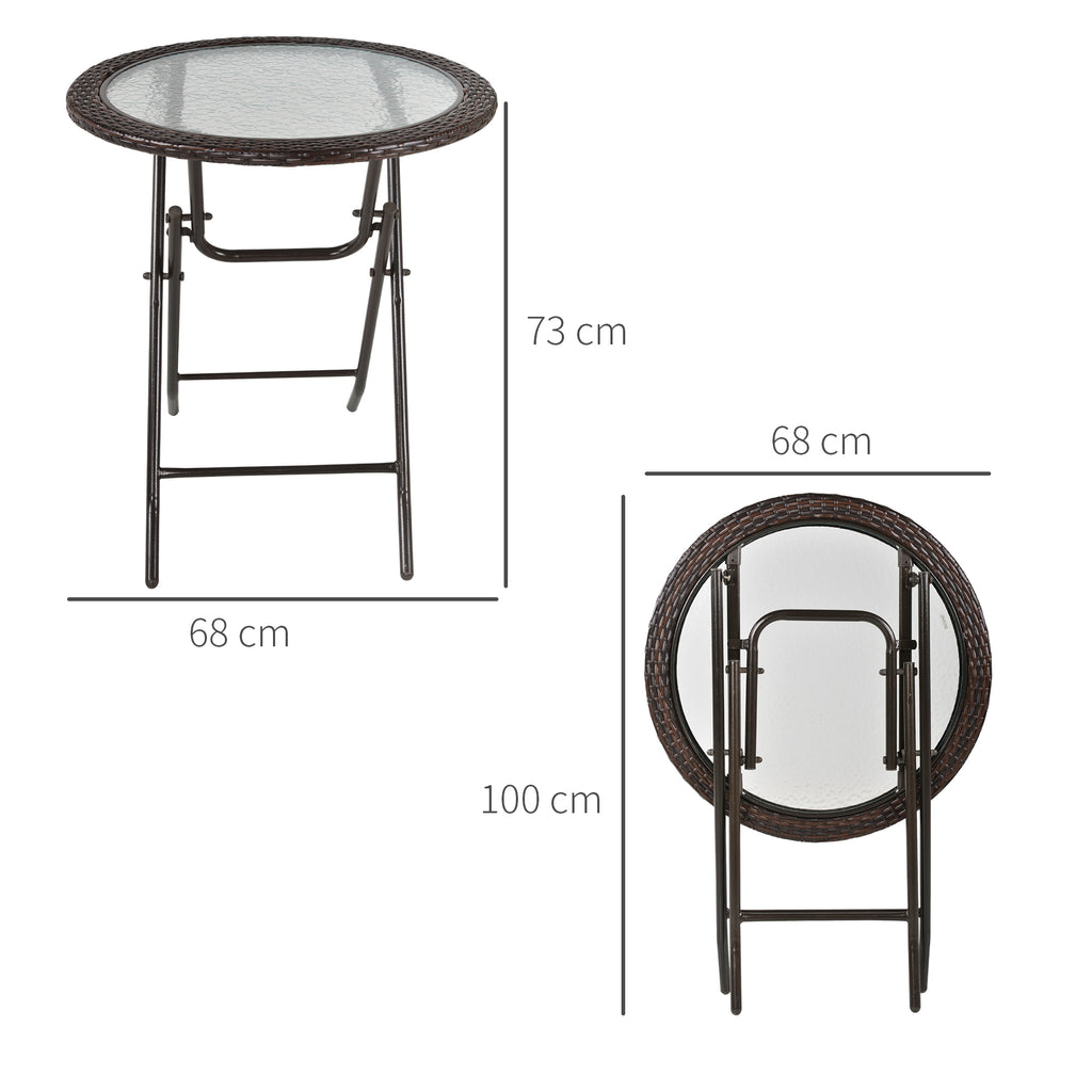  Folding Rattan Garden Dining Table, 68 cm Round Rattan Garden Table with Water Ripple Tempered Glass Top, Wicker Edging  and Steel Frame for Outdoor, Patio, Brown