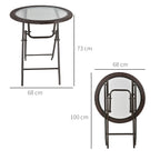  Folding Rattan Garden Dining Table, 68 cm Round Rattan Garden Table with Water Ripple Tempered Glass Top, Wicker Edging  and Steel Frame for Outdoor, Patio, Brown