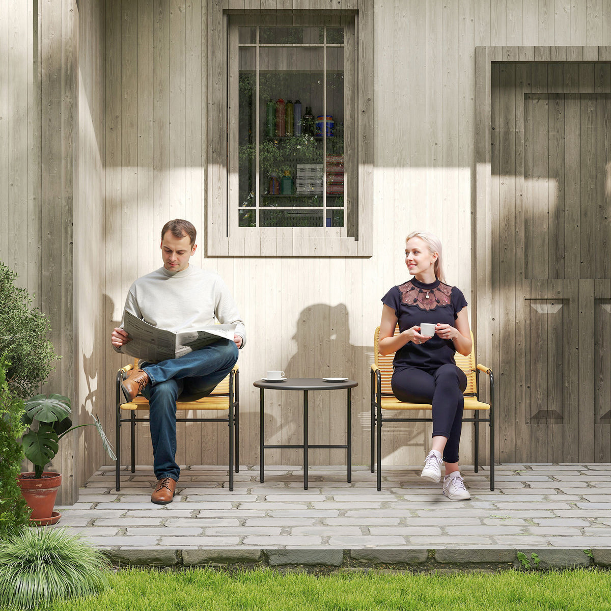 3-tlg. Rattan Bistroset, Sitzgruppe, Gartengarnitur mit 2 Gartensesseln, Couchtisch 54 x 66 x 76 cm Gelb
