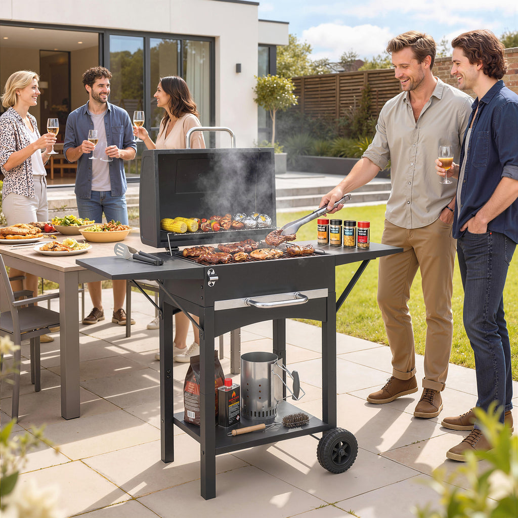 Holzkohlegrill mit Deckel, BBQ Smoker Grill mit 2 Seitentischen Große Grillfläche Grillrost Thermometer Räder