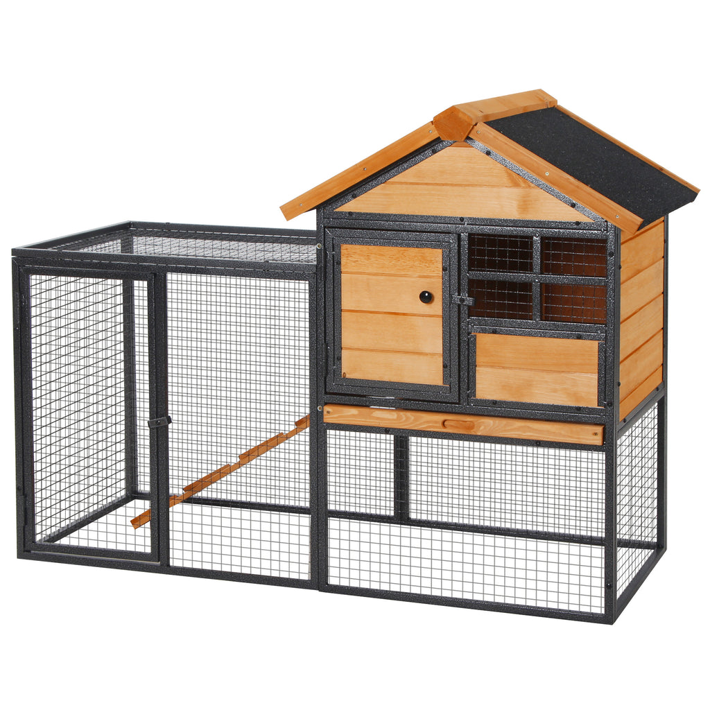 Kleintierstall mit Freigehege u. Rampe 122 cm x 63 cm x 92 cm Tannenholz Metall Hellgelb+Dunkelgrau